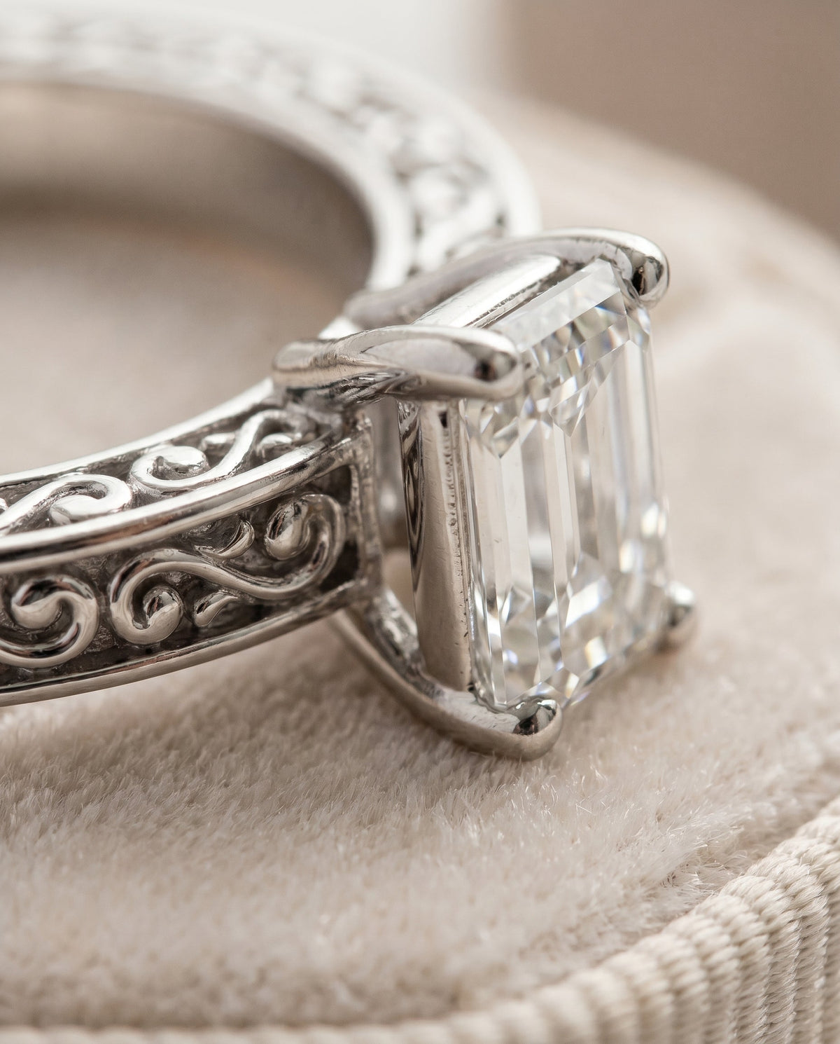 Veronica Select Vintage Solitaire Emerald Cut Lab Diamond Engagement Ring in Platinum, detail view | RockHer
