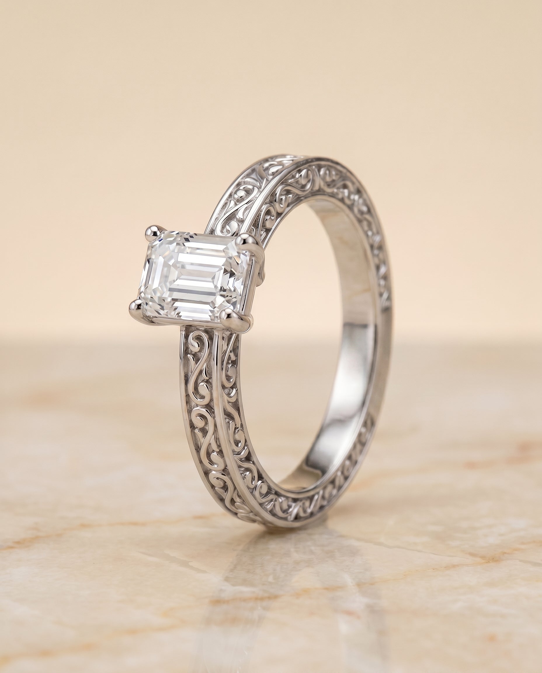 Hand Engraved Scroll Vintage Solitaire Cut styling on The Veronica emerald engagement ring setting | RockHer