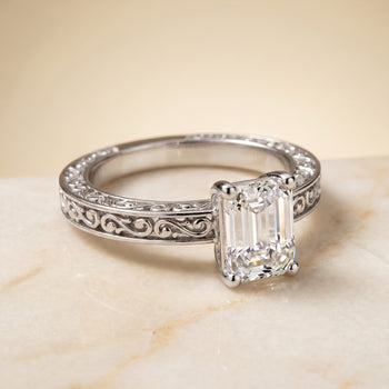 The Veronica Hand Engraved Scroll Vintage Solitaire Emerald Cut Engagement Ring Setting in 18K White Gold
