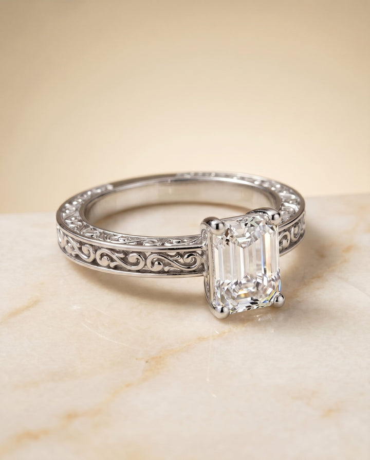 Veronica Select Vintage Solitaire Emerald Cut Lab Diamond Engagement Ring in 18K White Gold, shown on hand, angled | RockHer