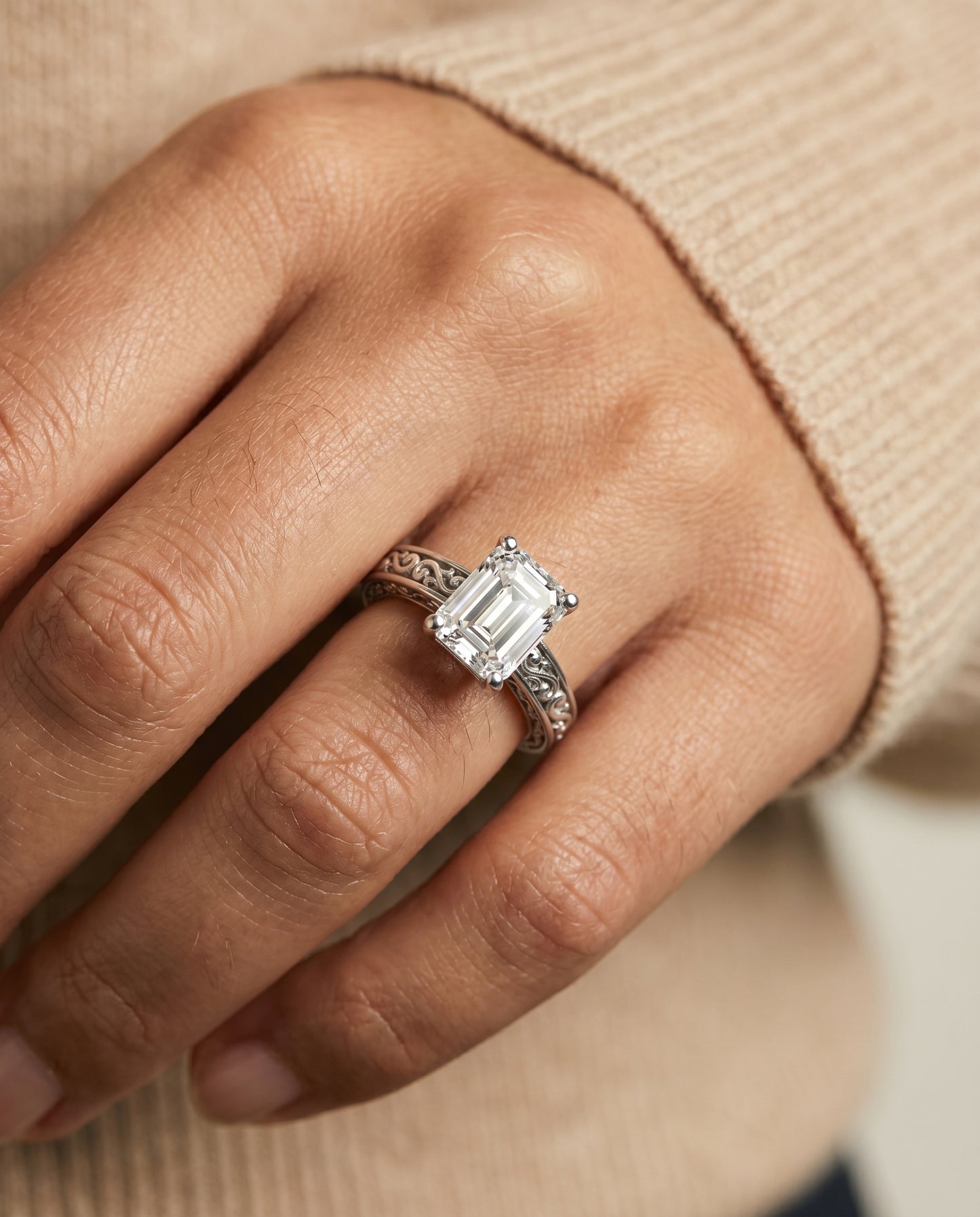The Veronica Hand Engraved Scroll Vintage Solitaire Emerald Cut Engagement Ring Setting in Platinum