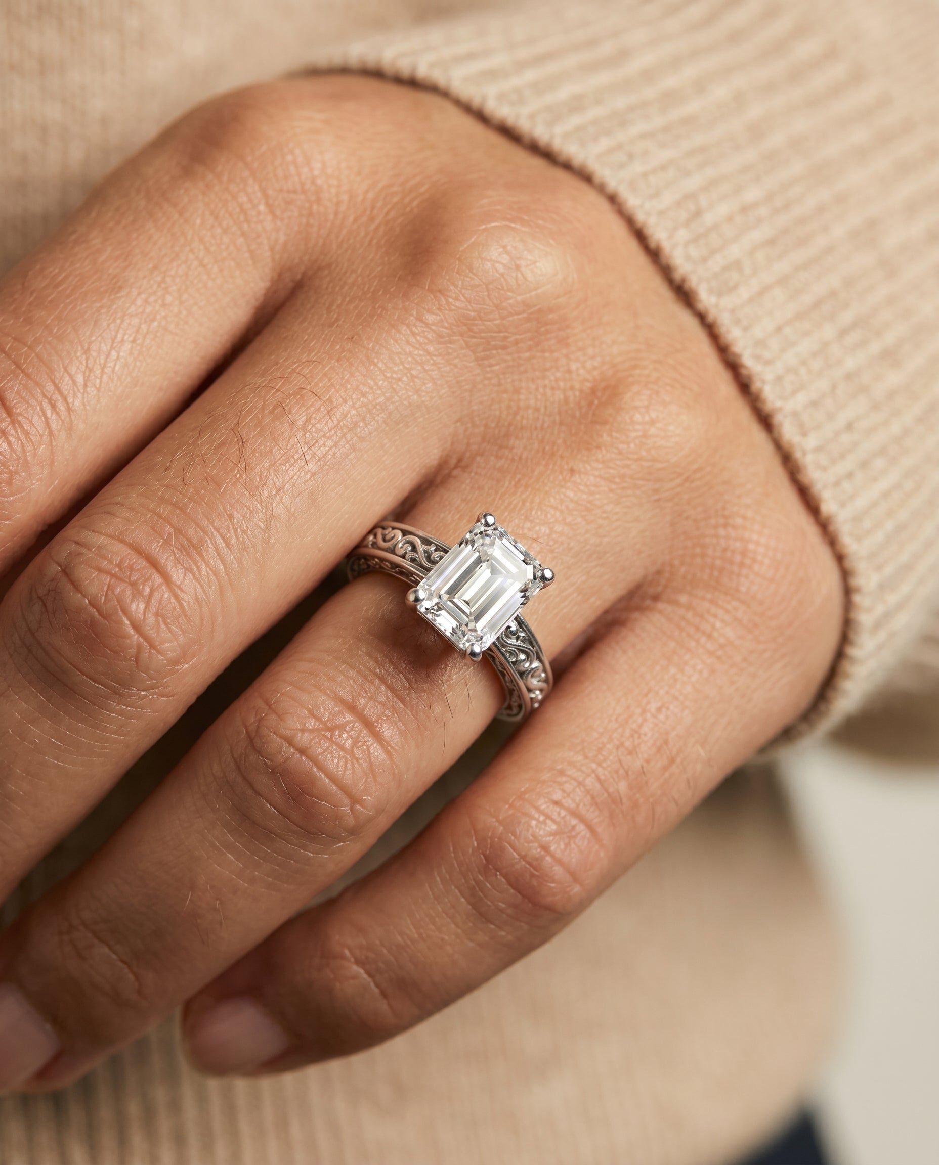 The Veronica engagement ring setting in Platinum, hand engraved scroll vintage solitaire cut design | RockHer