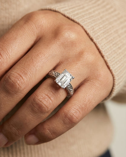The Veronica Hand Engraved Scroll Vintage Solitaire Emerald Cut Engagement Ring Setting in Platinum
