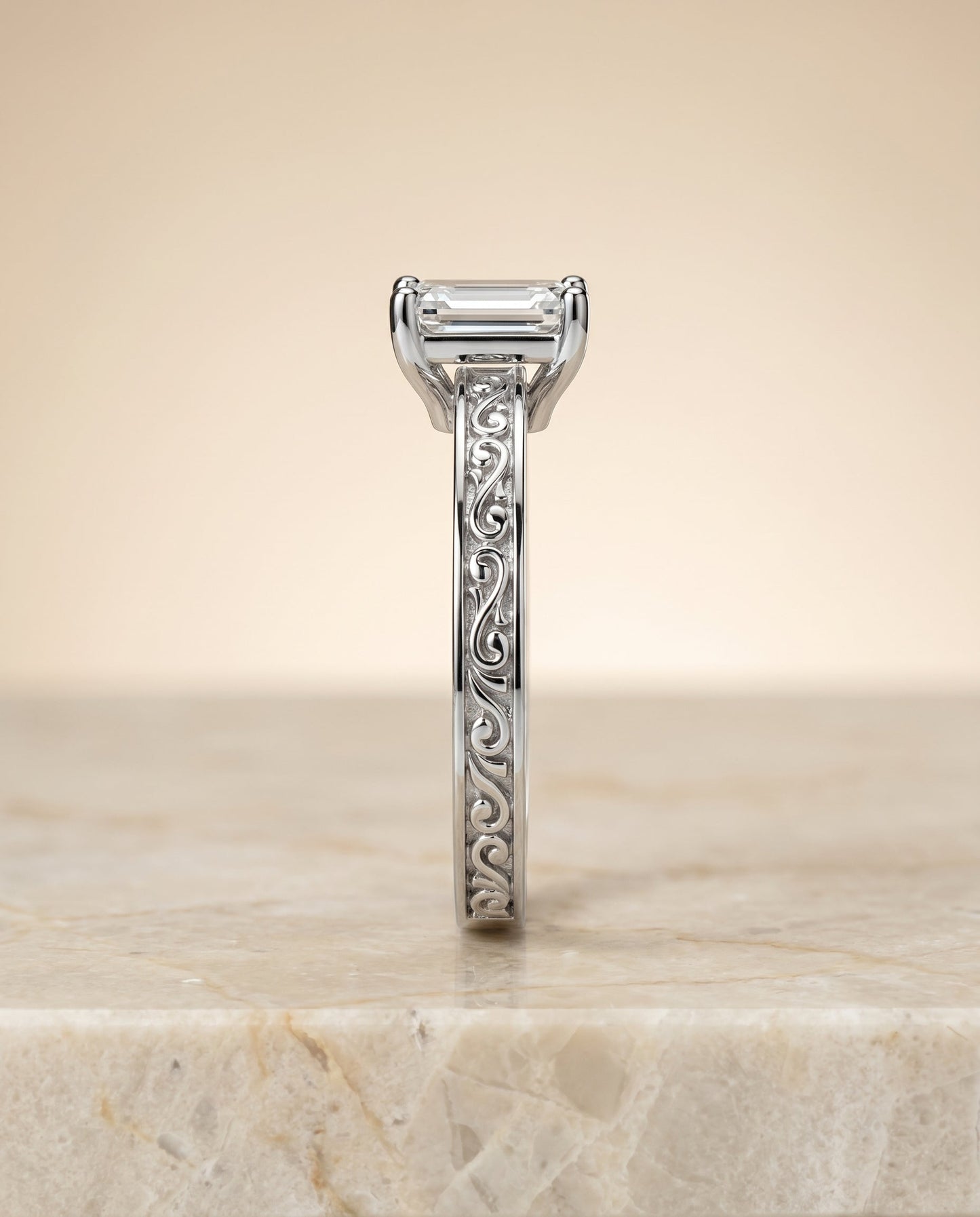 Veronica Select Vintage Solitaire Emerald Cut Lab Diamond Engagement Ring in 18K White Gold, side view | RockHer