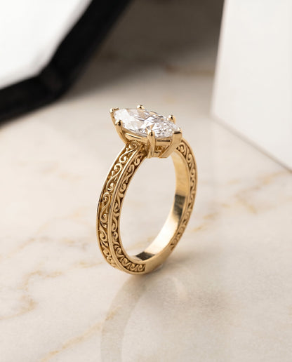 Veronica Select Vintage Solitaire Marquise Lab Diamond Engagement Ring in 18K Yellow Gold, front view | RockHer