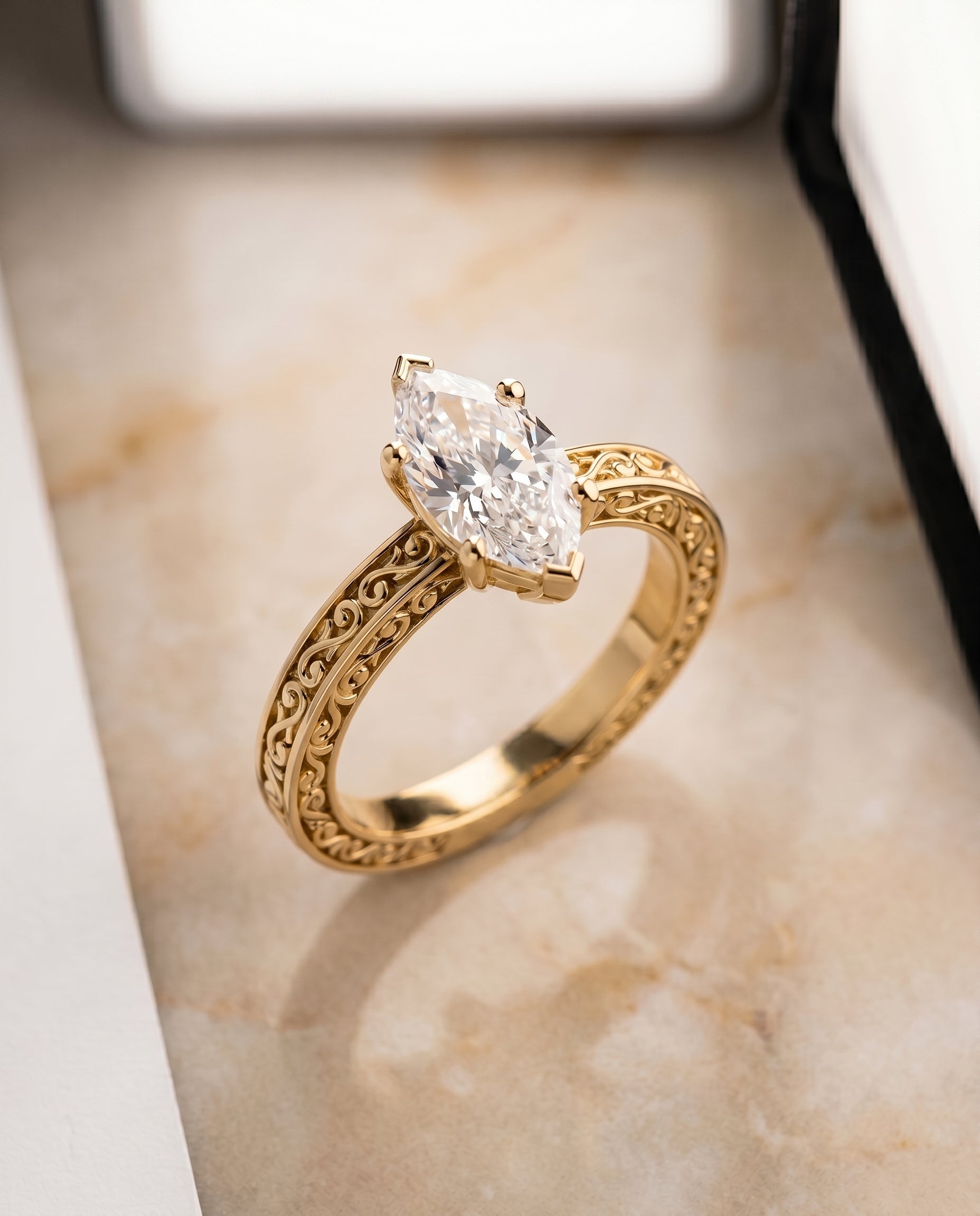 Hand Engraved Scroll Vintage Solitaire styling on The Veronica marquise engagement ring setting | RockHer