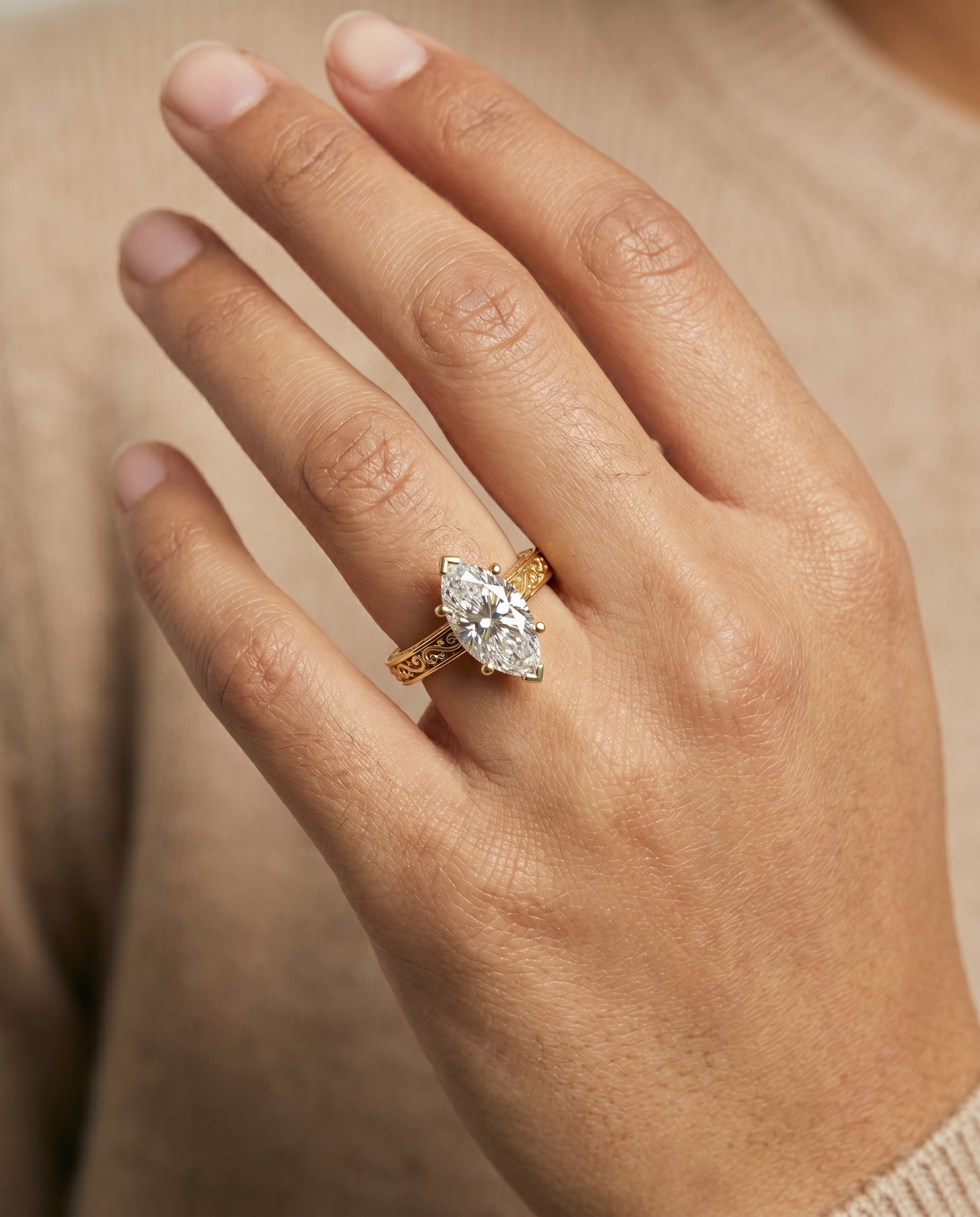 The Veronica engagement ring setting in 18K Yellow Gold, hand engraved scroll vintage solitaire design | RockHer