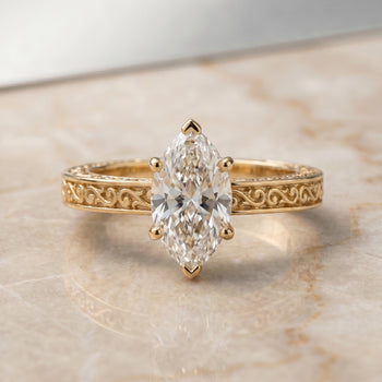 The Veronica Hand Engraved Scroll Vintage Solitaire Marquise Engagement Ring Setting in 18K Yellow Gold