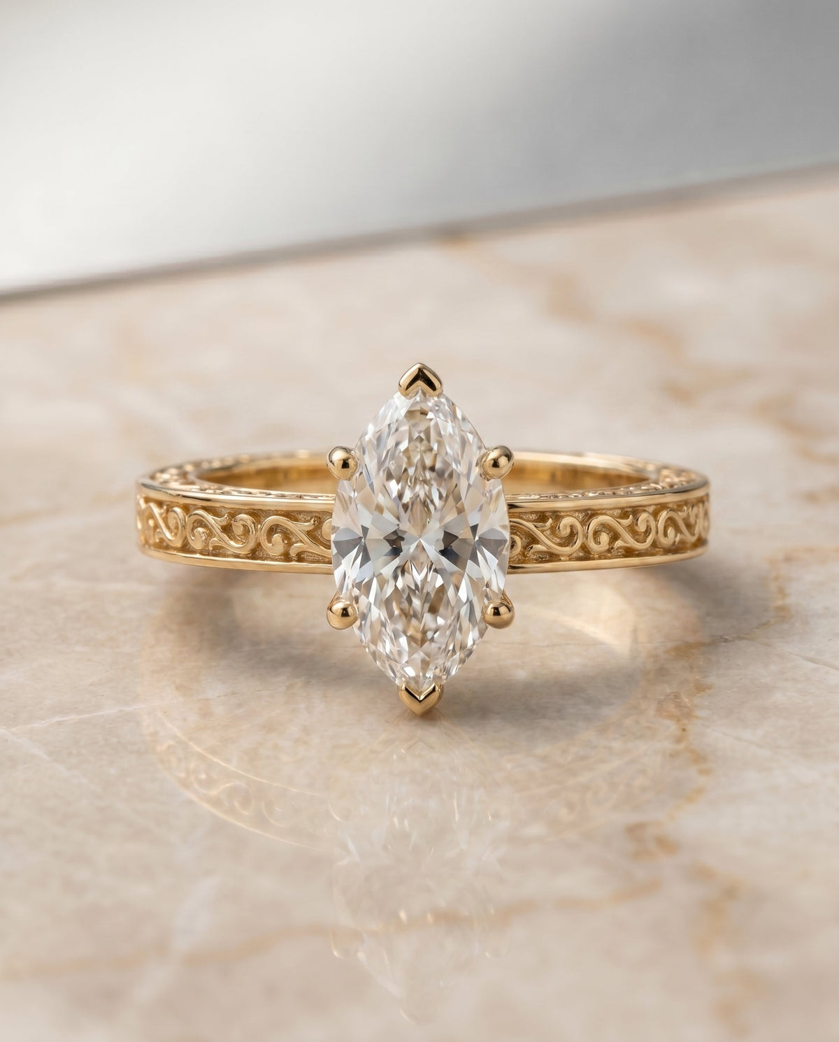 Veronica Select Vintage Solitaire Marquise Lab Diamond Engagement Ring in 18K Yellow Gold, side view | RockHer