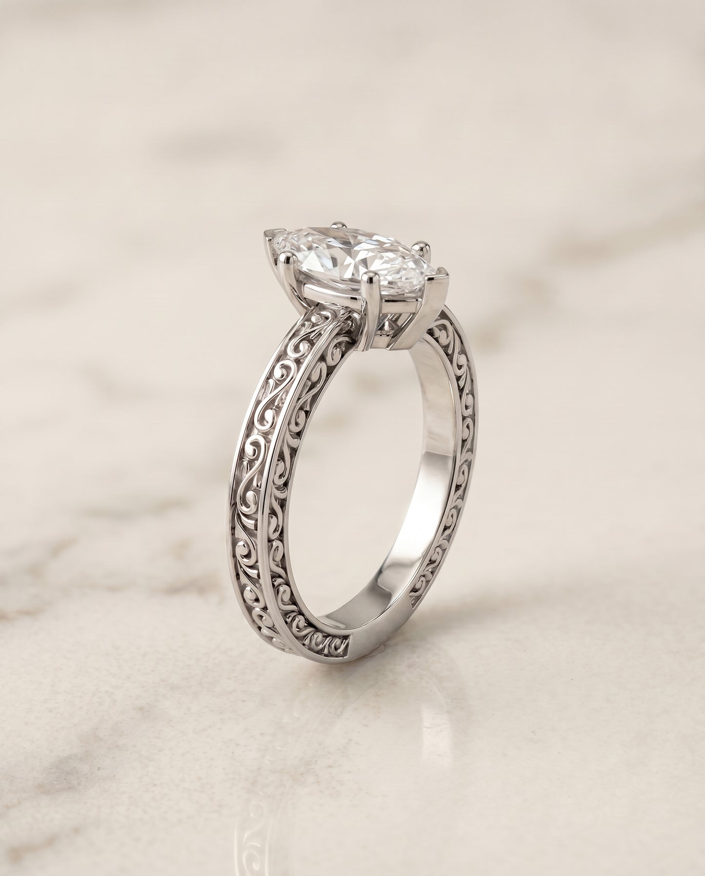 The Veronica Hand Engraved Scroll Vintage Solitaire Marquise Engagement Ring Setting in Platinum