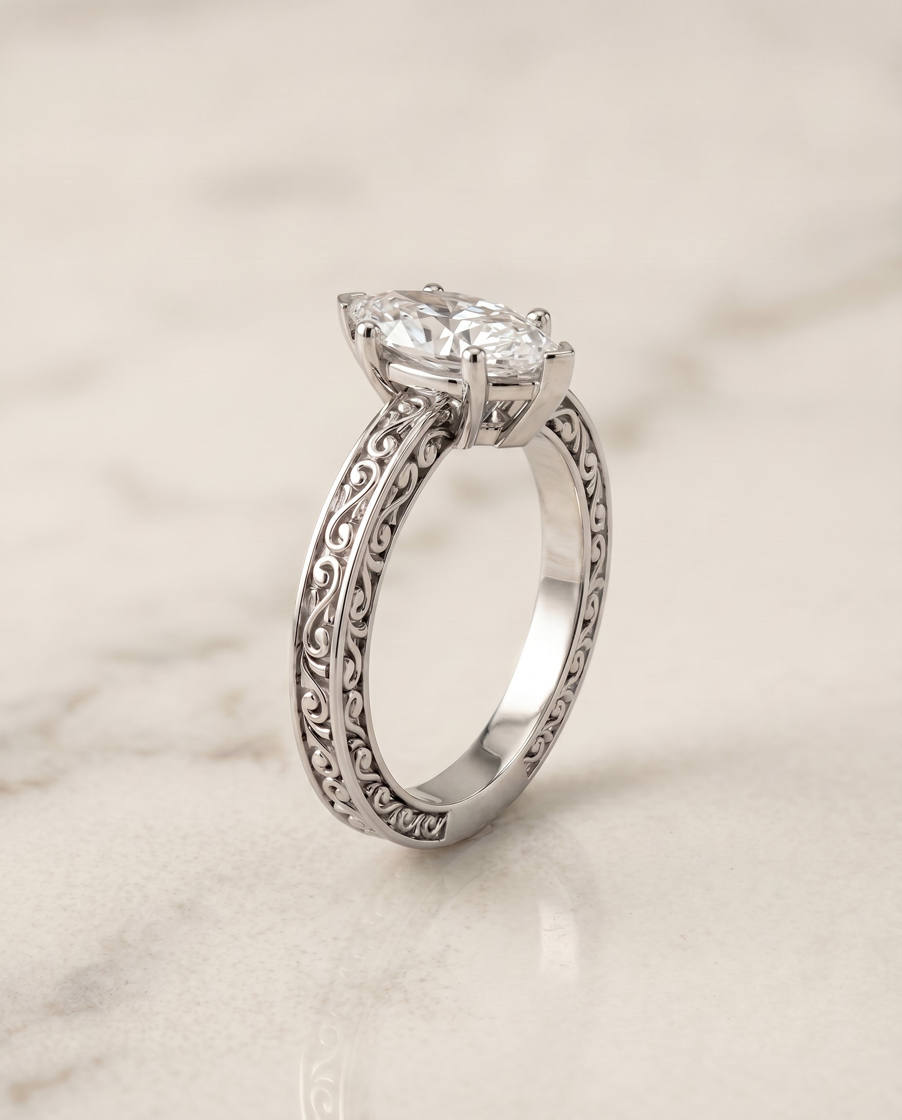 Hand Engraved Scroll Vintage Solitaire styling on The Veronica marquise engagement ring setting | RockHer