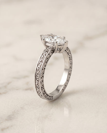 The Veronica Hand Engraved Scroll Vintage Solitaire Marquise Engagement Ring Setting in Platinum