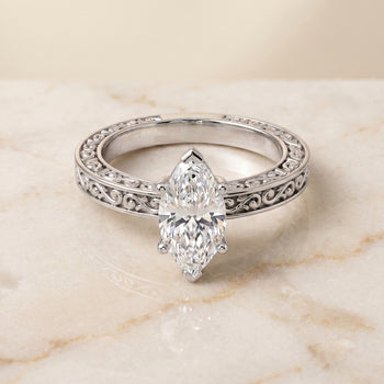 The Veronica Hand Engraved Scroll Vintage Solitaire Marquise Engagement Ring Setting in 18K White Gold