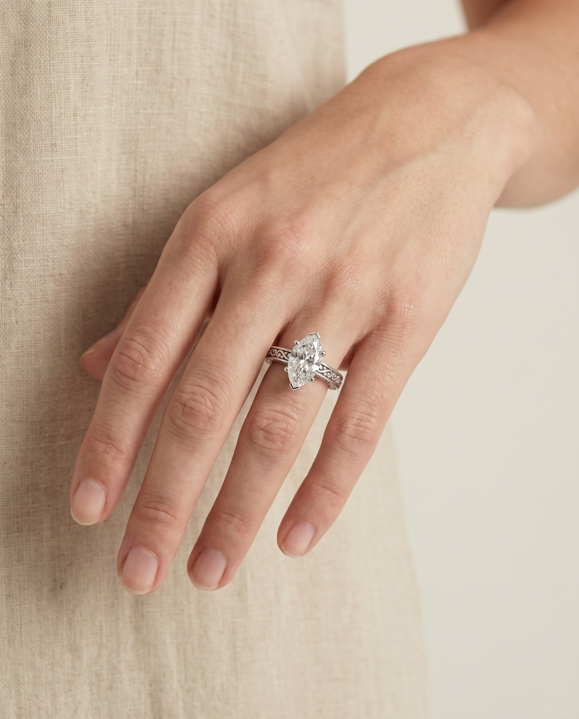 The Veronica engagement ring setting in Platinum, hand engraved scroll vintage solitaire design | RockHer