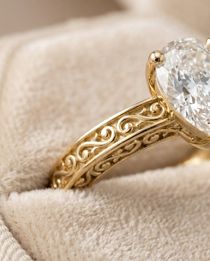 Veronica Select Vintage Solitaire Pear Lab Diamond Engagement Ring in 18K Yellow Gold, detail view | RockHer
