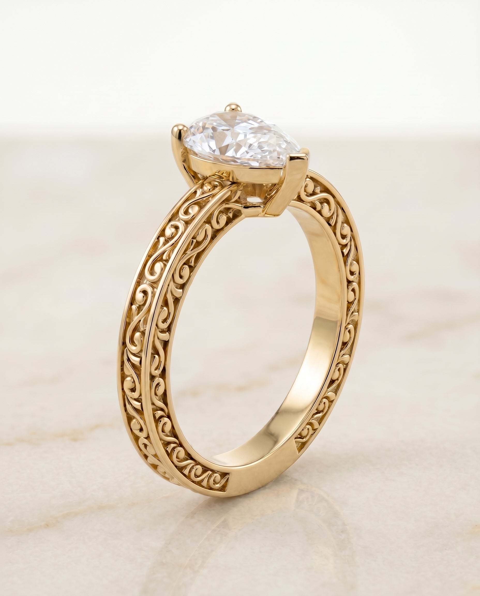 Hand Engraved Scroll Vintage Solitaire styling on The Veronica pear engagement ring setting | RockHer