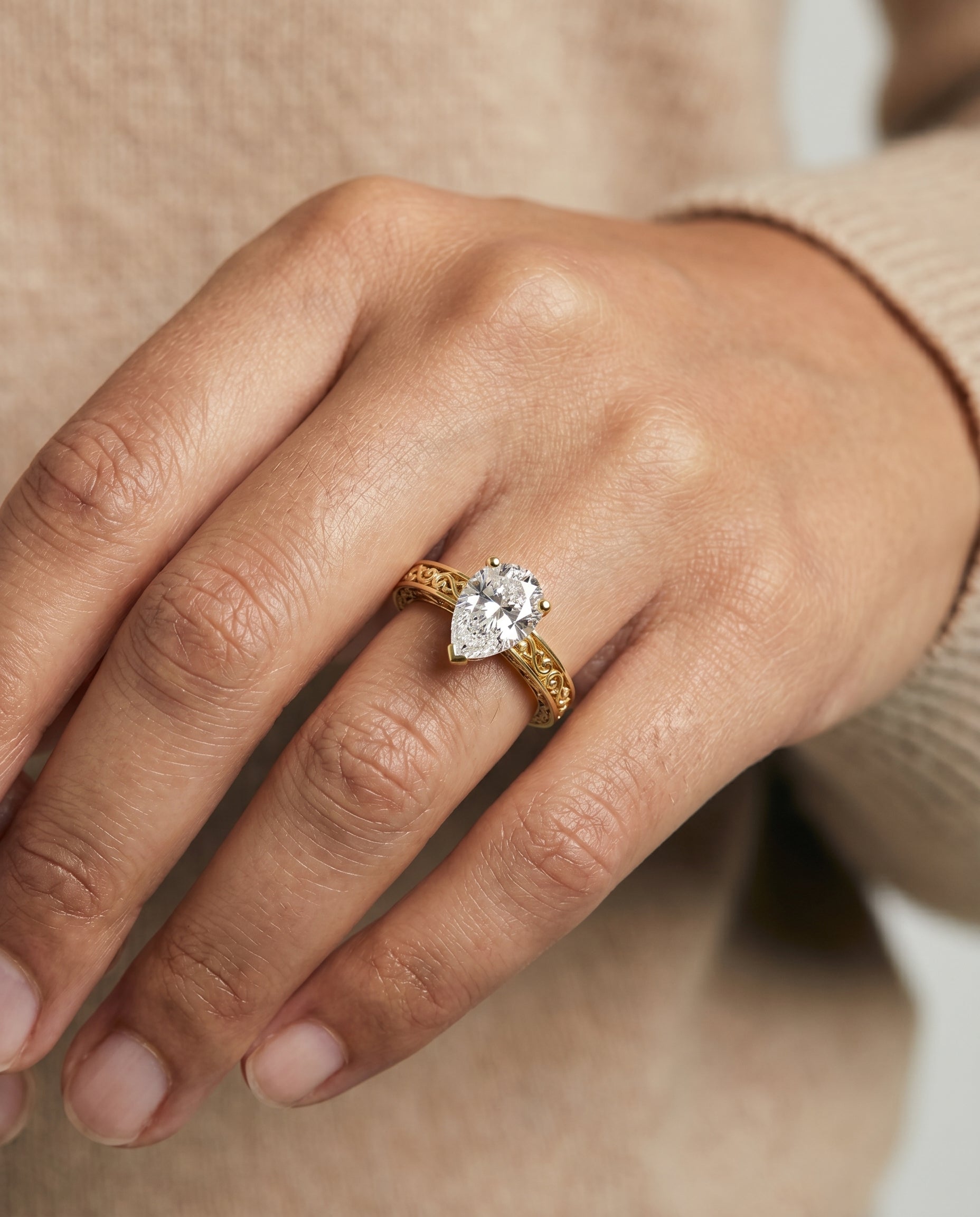 The Veronica engagement ring setting in 18K Yellow Gold, hand engraved scroll vintage solitaire design | RockHer