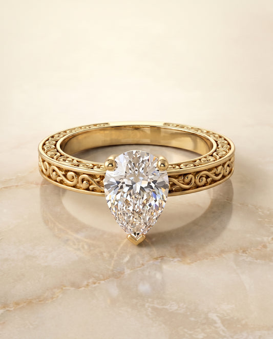 The Veronica Vintage Solitaire Engagement Ring Setting for Pear Diamonds in 18K Yellow Gold