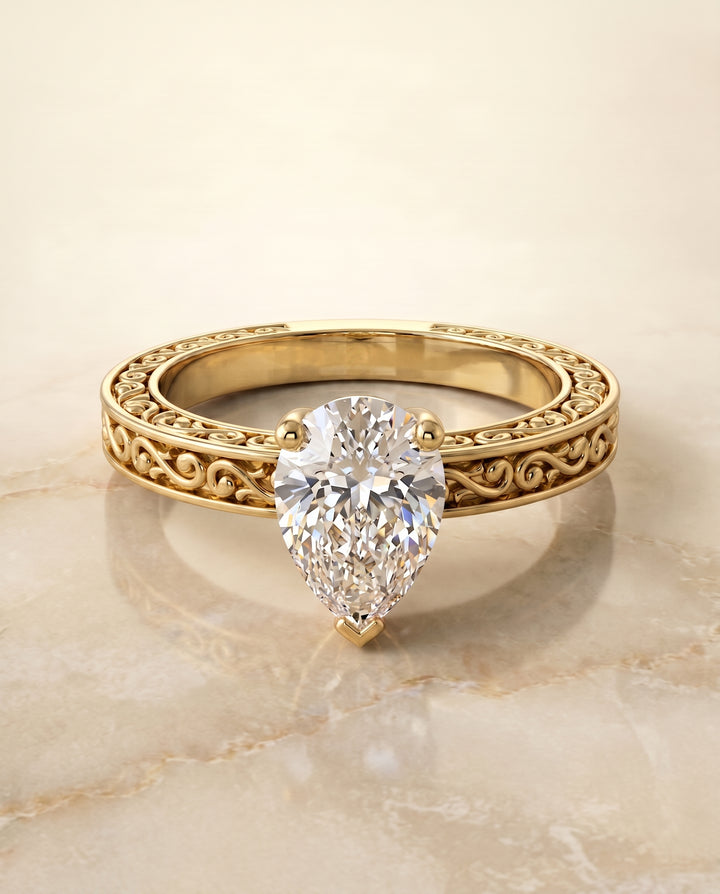 The Veronica Hand Engraved Scroll Vintage Solitaire Pear Engagement Ring Setting in 18K Yellow Gold