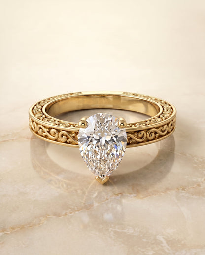 Veronica Select Vintage Solitaire Pear Lab Diamond Engagement Ring in 18K Yellow Gold, side view | RockHer