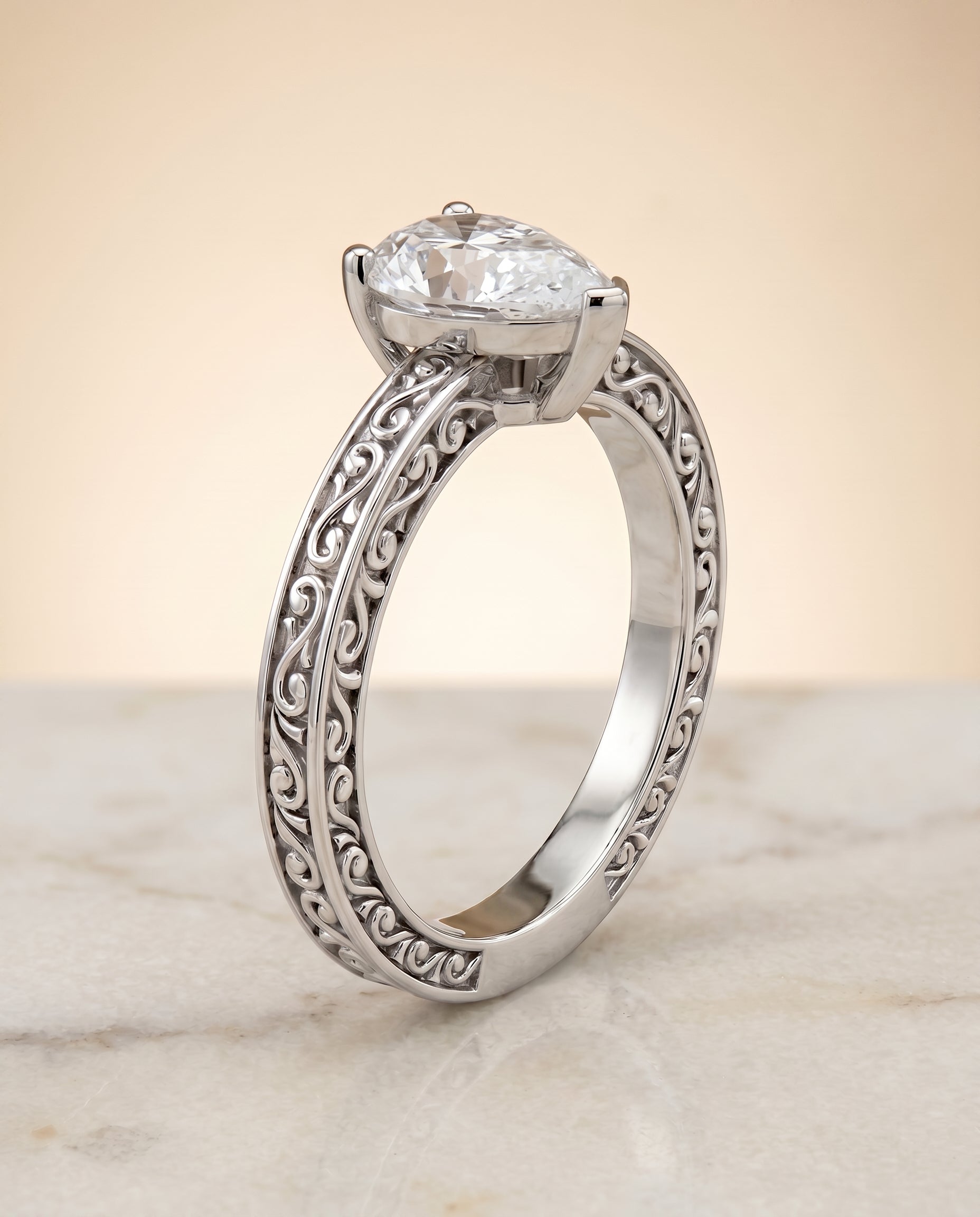 Hand Engraved Scroll Vintage Solitaire styling on The Veronica pear engagement ring setting | RockHer