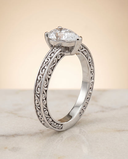 Veronica Select Vintage Solitaire Pear Lab Diamond Engagement Ring in 18K White Gold, front view | RockHer