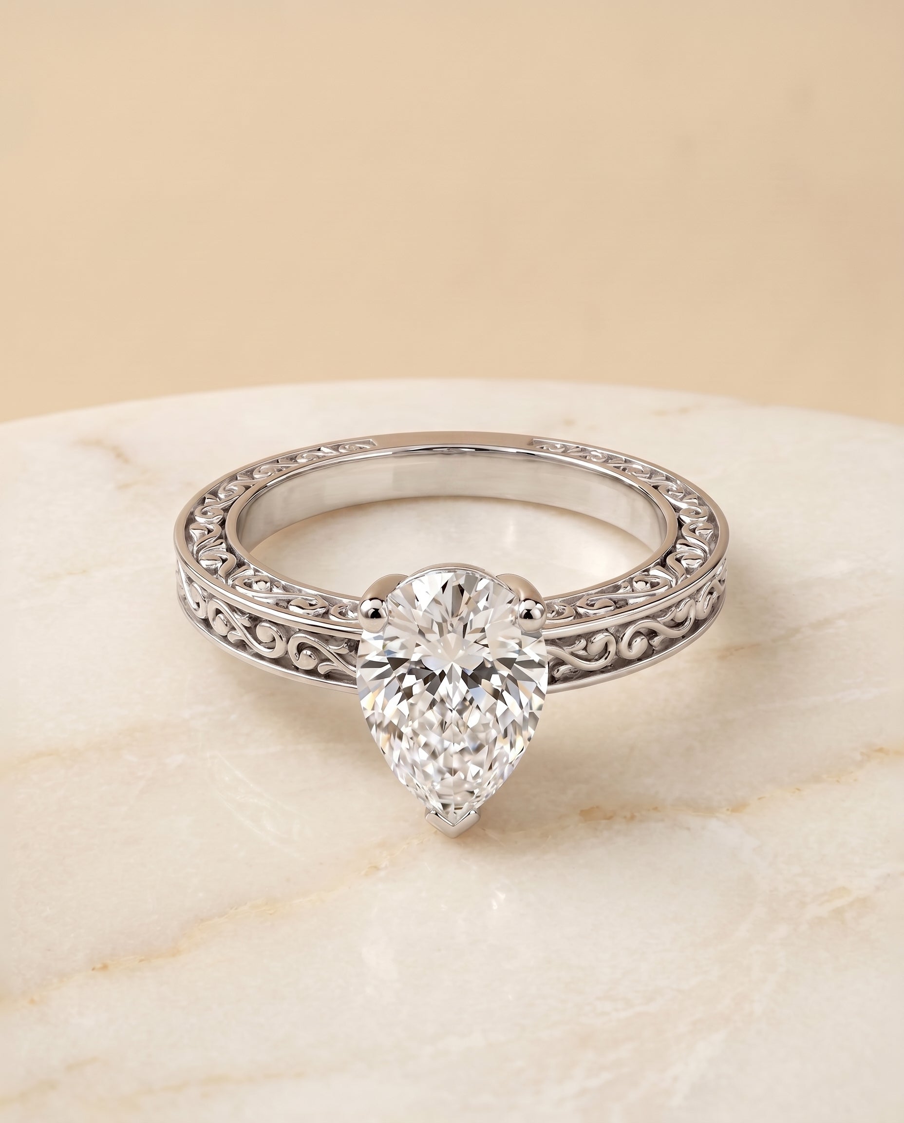 The Veronica Hand Engraved Scroll Vintage Solitaire Pear Engagement Ring Setting in Platinum