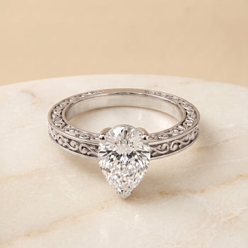 The Veronica Hand Engraved Scroll Vintage Solitaire Pear Engagement Ring Setting in 18K White Gold