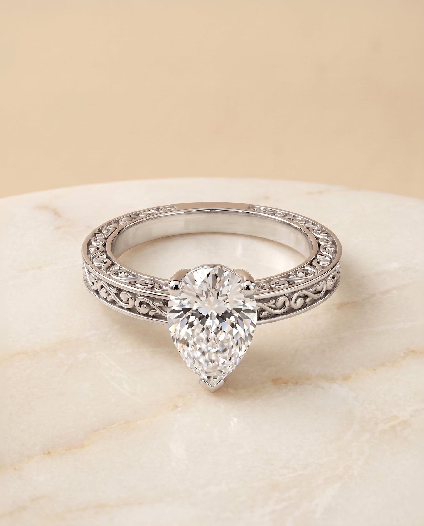 Veronica Select Vintage Solitaire Pear Lab Diamond Engagement Ring in Platinum, shown on hand, angled | RockHer