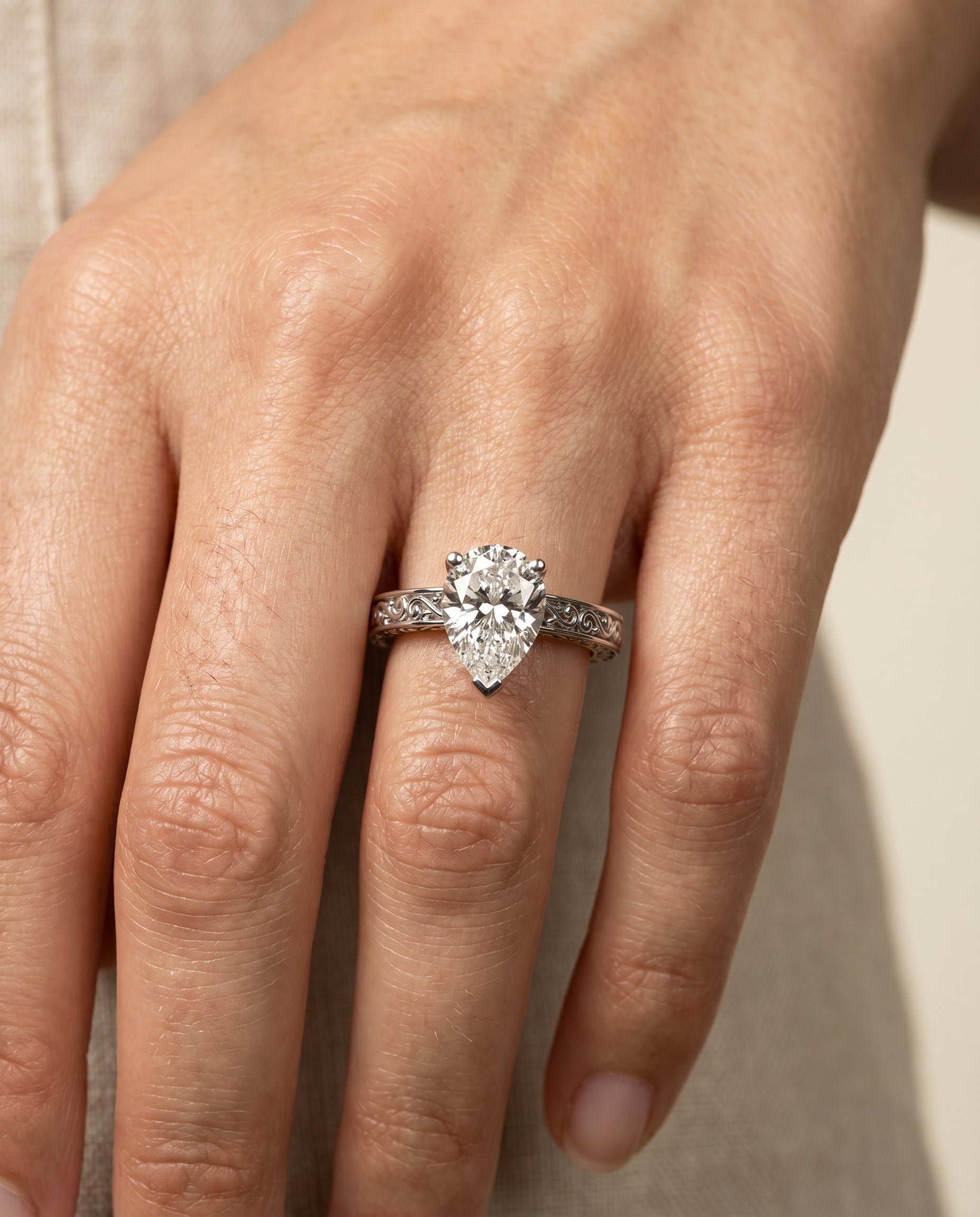 The Veronica engagement ring setting in Platinum, hand engraved scroll vintage solitaire design | RockHer