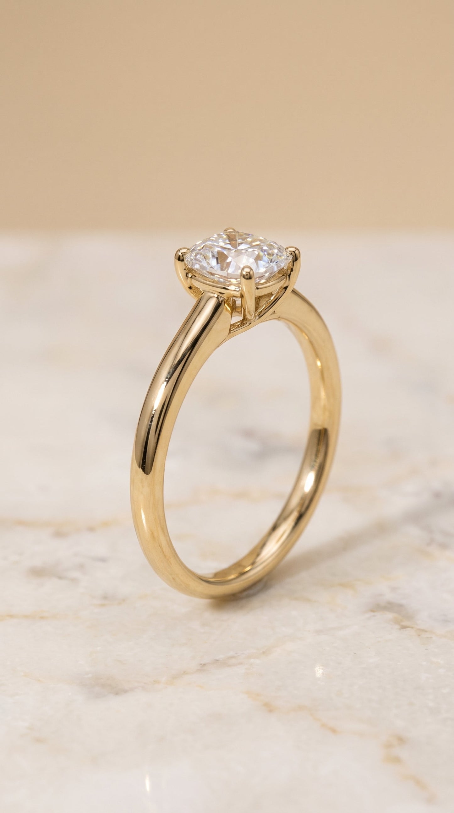 Viola Select Solitaire Cushion Cut Lab Diamond Engagement Ring in 18K Yellow Gold, front view | RockHer