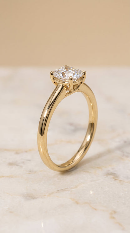 Viola Select Solitaire Cushion Cut Lab Diamond Engagement Ring in 18K Yellow Gold, front view | RockHer