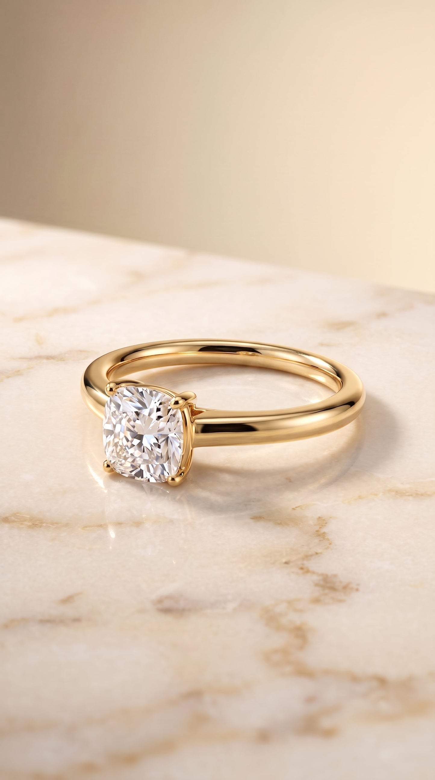 Viola Select Solitaire Cushion Cut Lab Diamond Engagement Ring in 18K Yellow Gold, shown on hand, angled | RockHer