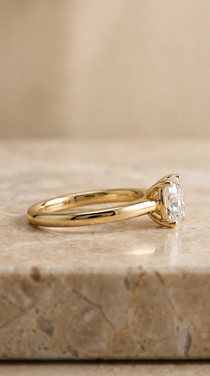 Viola Select Solitaire Cushion Cut Lab Diamond Engagement Ring in 18K Yellow Gold, side view | RockHer