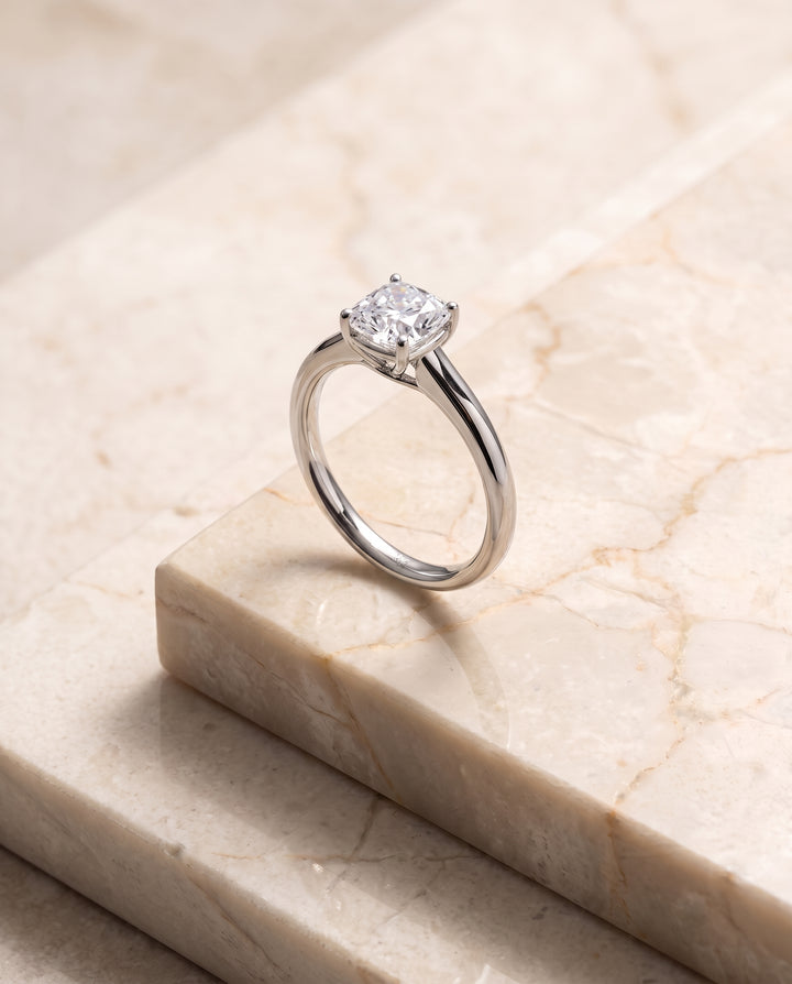 The Viola Contemporary Comfort Fit Flat Shank Solitaire Cushion Cut Engagement Ring Setting in Platinum