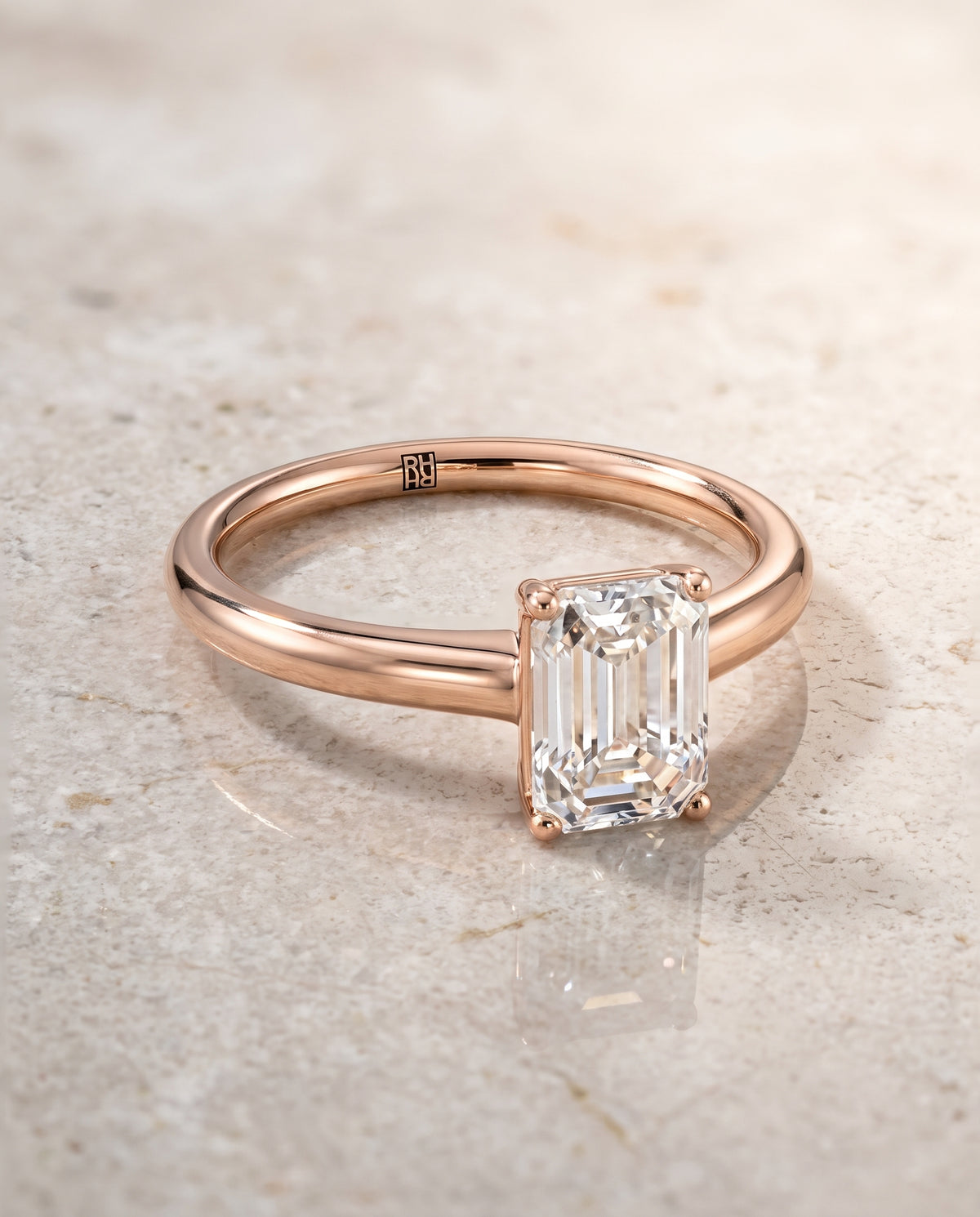 The Viola Contemporary Comfort Fit Flat Shank Solitaire Emerald Cut Engagement Ring Setting in 14K Rose Gold