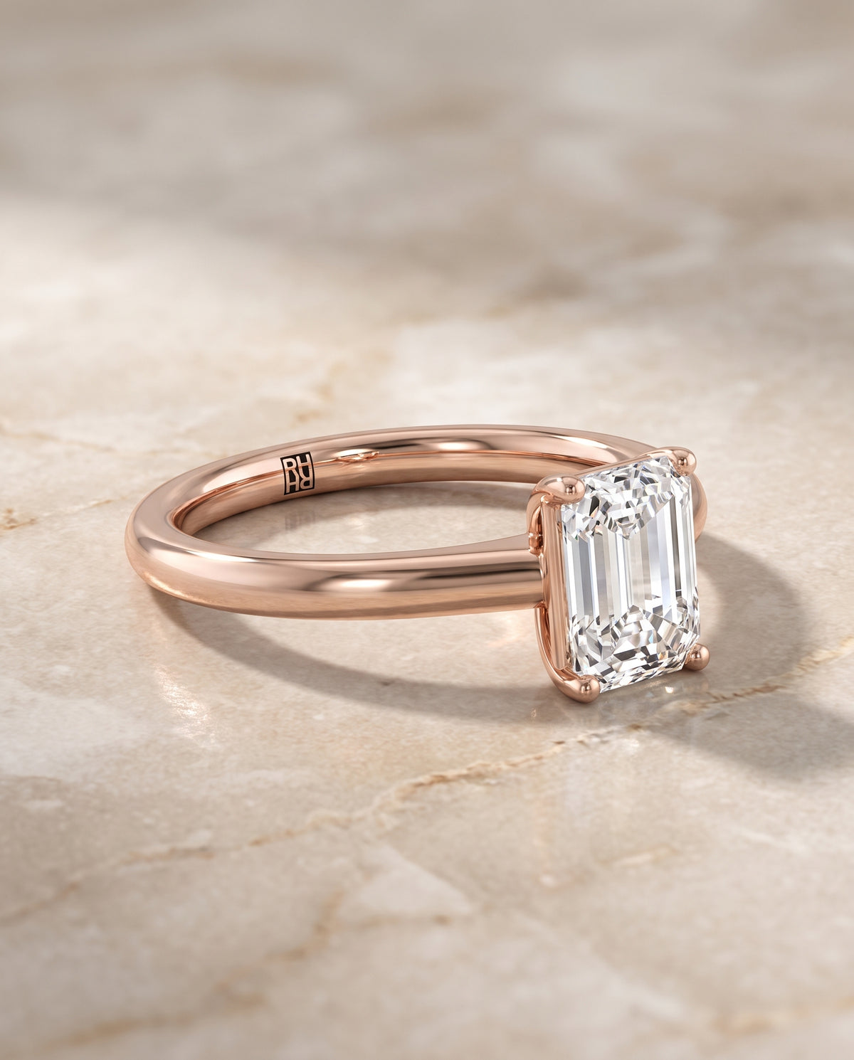 The Viola Contemporary Comfort Fit Flat Shank Solitaire Emerald Cut Engagement Ring Setting in 14K Rose Gold
