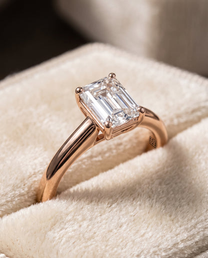 The Viola Contemporary Comfort Fit Flat Shank Solitaire Emerald Cut Engagement Ring Setting in 14K Rose Gold