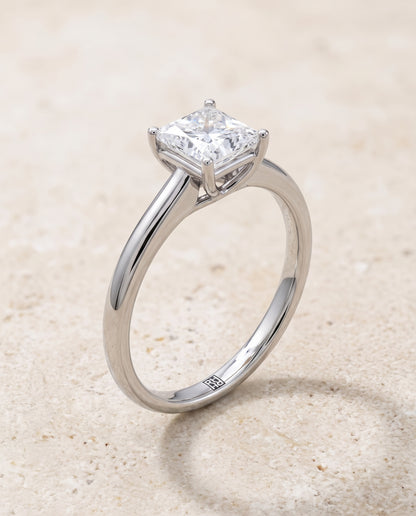 The Viola Contemporary Comfort Fit Flat Shank Solitaire Princess Cut Engagement Ring Setting in 18K White Gold