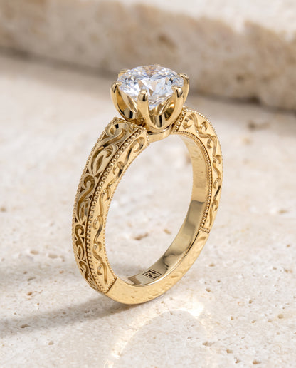The Virginia Hand Engraved Scroll Vintage Solitaire Round Engagement Ring Setting in 18K Yellow Gold