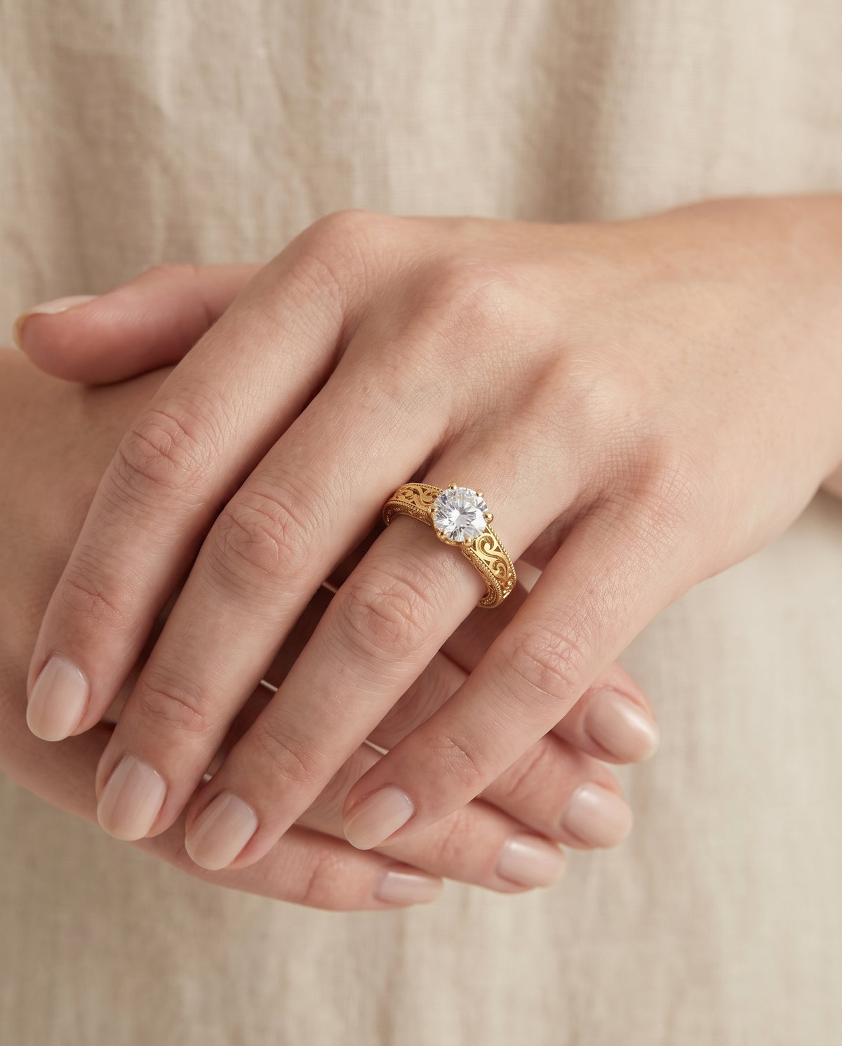 The Virginia Hand Engraved Scroll Vintage Solitaire Round Engagement Ring Setting in 18K Yellow Gold
