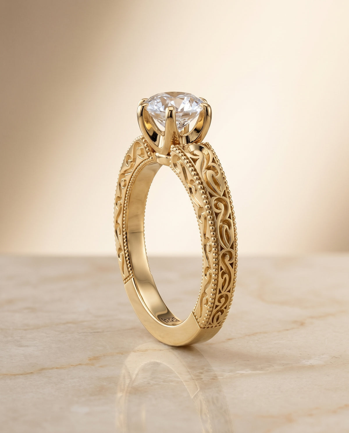The Virginia Hand Engraved Scroll Vintage Solitaire Round Engagement Ring Setting in 18K Yellow Gold