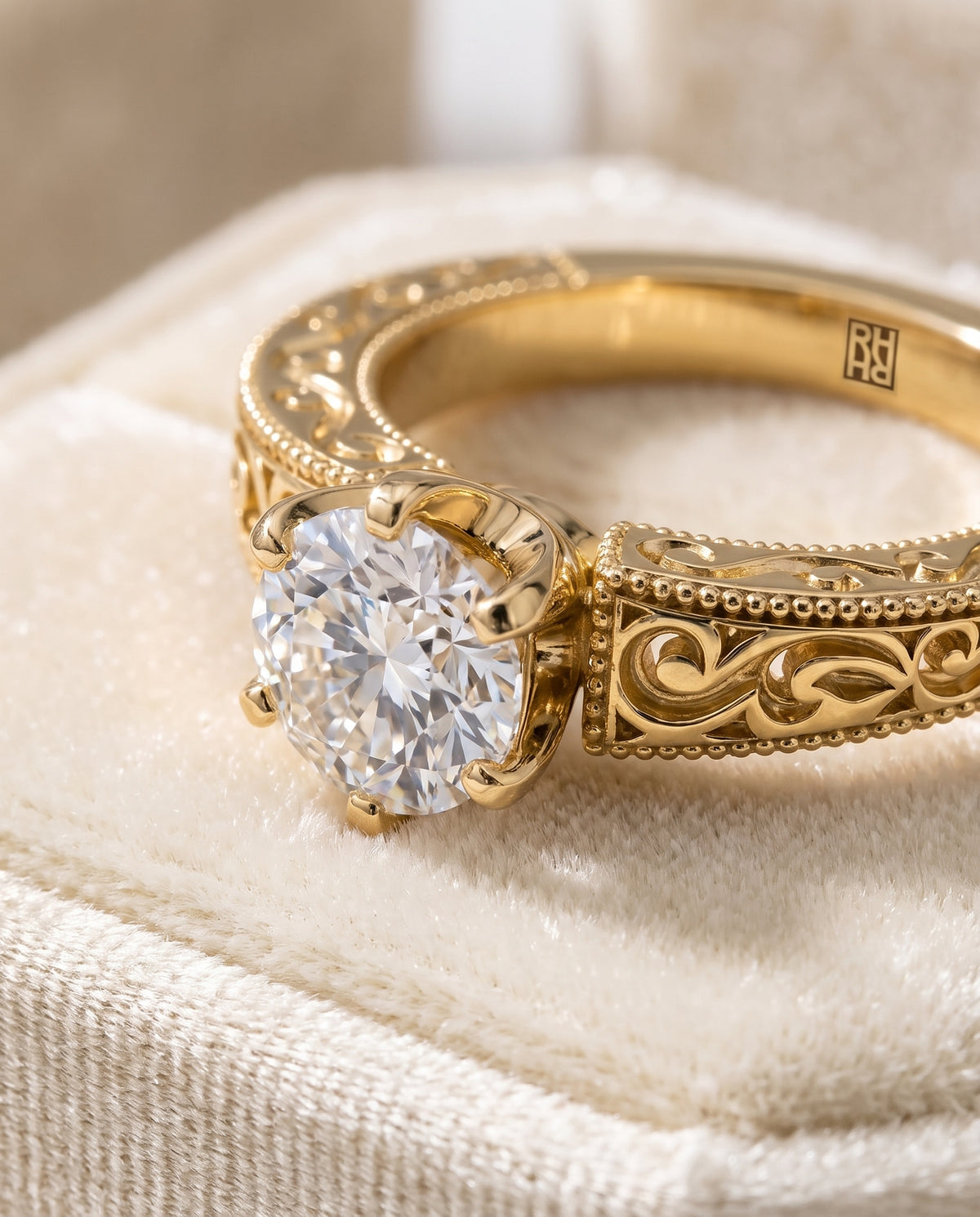 The Virginia Hand Engraved Scroll Vintage Solitaire Round Engagement Ring Setting in 18K Yellow Gold