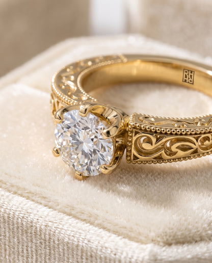 The Virginia Hand Engraved Scroll Vintage Solitaire Round Engagement Ring Setting in 18K Yellow Gold