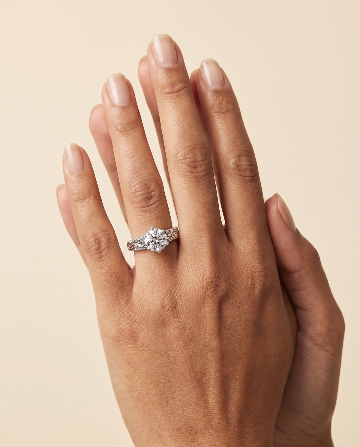 The Virginia Hand Engraved Scroll Vintage Solitaire Round Engagement Ring Setting in 18K White Gold
