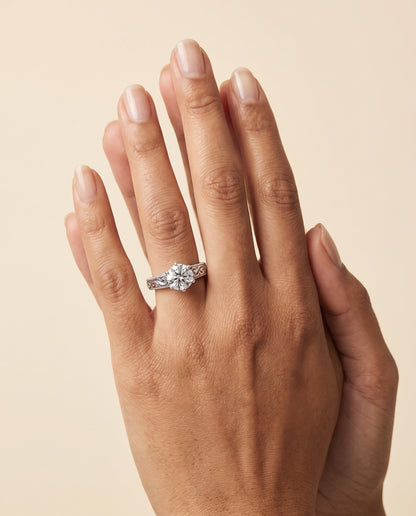 The Virginia Hand Engraved Scroll Vintage Solitaire Round Engagement Ring Setting in 18K White Gold