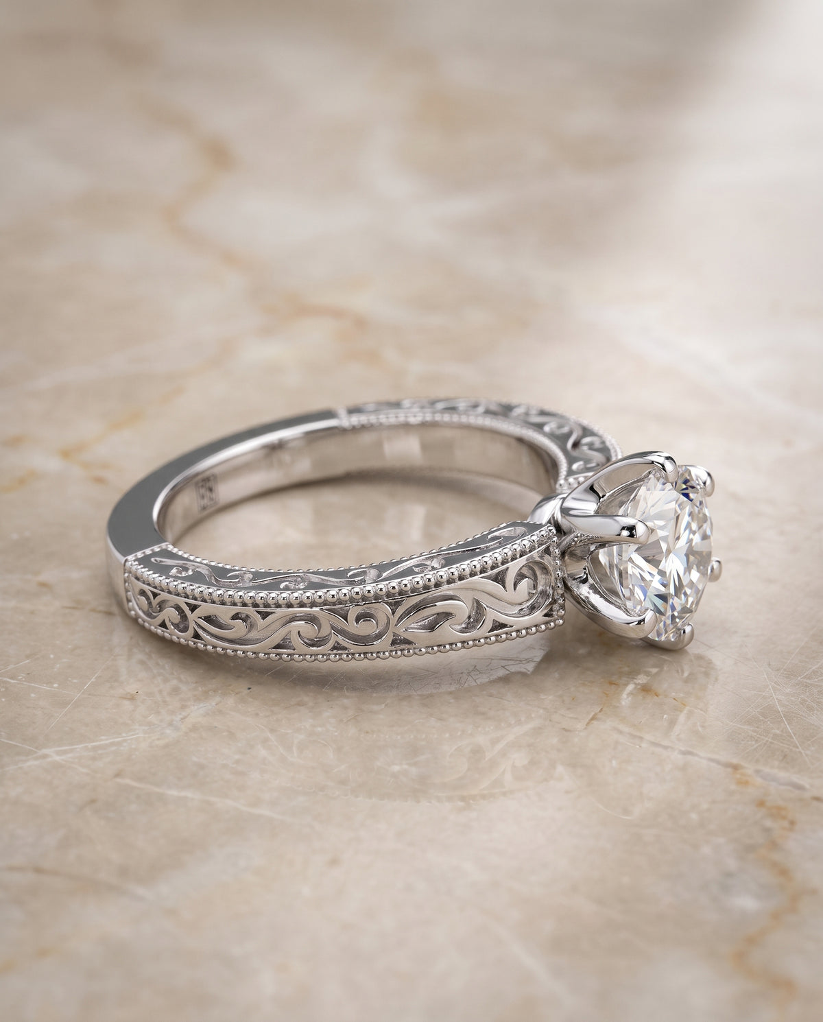 The Virginia Hand Engraved Scroll Vintage Solitaire Round Engagement Ring Setting in 18K White Gold