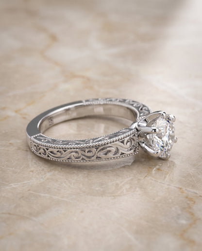 The Virginia Hand Engraved Scroll Vintage Solitaire Round Engagement Ring Setting in 18K White Gold
