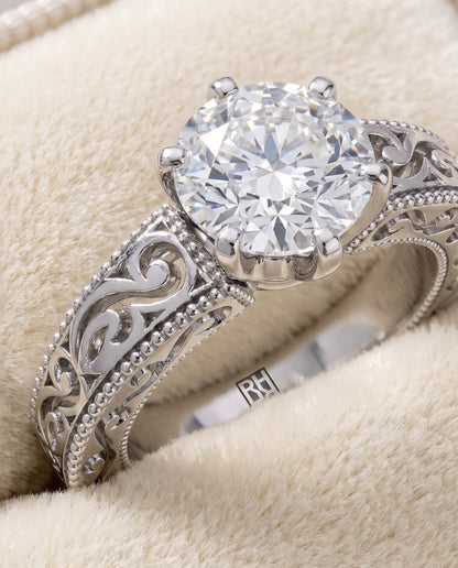 The Virginia Hand Engraved Scroll Vintage Solitaire Round Engagement Ring Setting in 18K White Gold