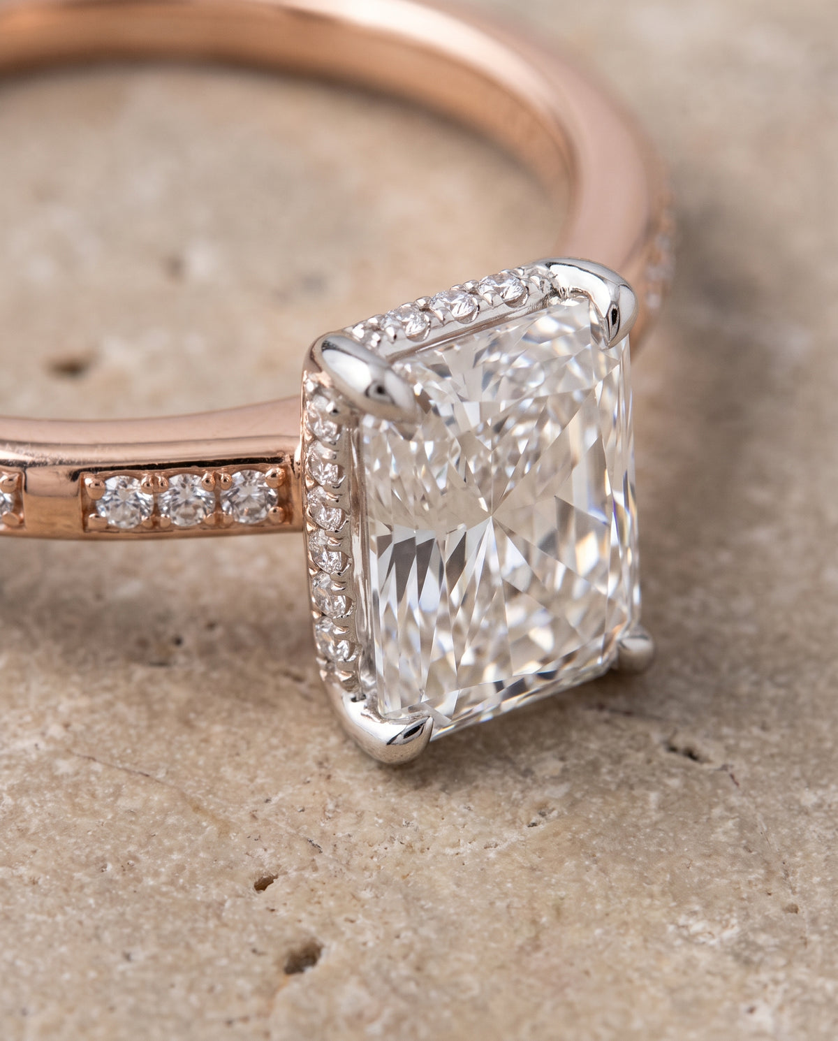 The Wanda Hidden Halo Pavé Solitaire Radiant Cut Engagement Ring Setting in 14K Rose Gold